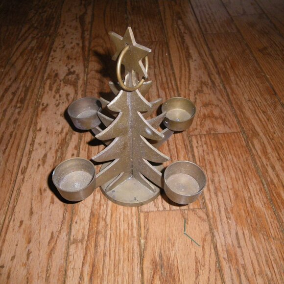Vintage Solid Brass Metal Holiday Christmas Tree Candle Holder / Lantern - Picture 2 of 4
